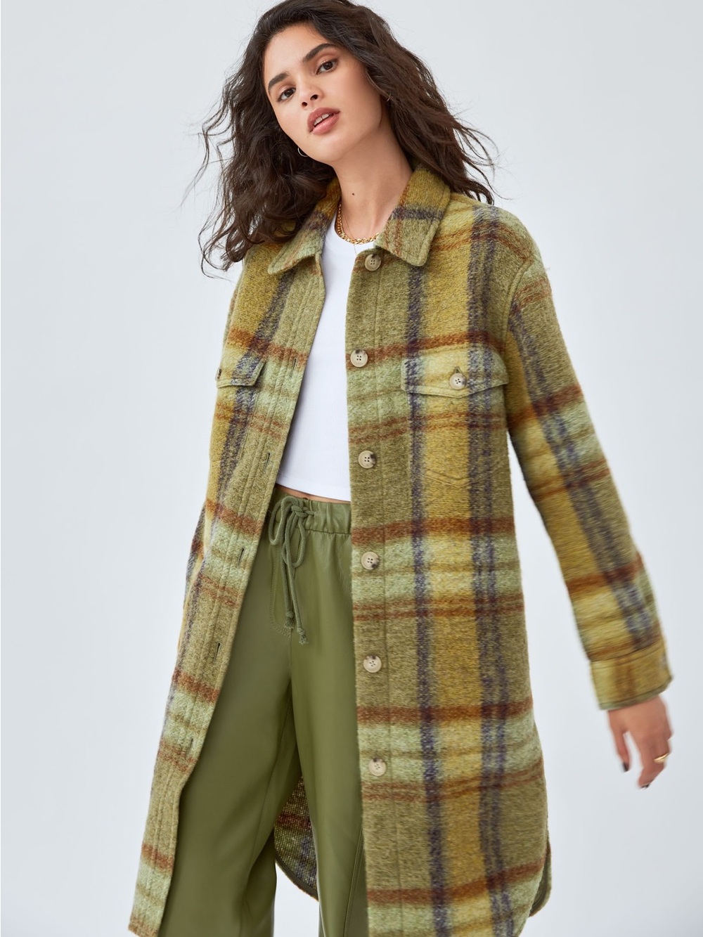 Wilfred Olive Plaid Long Trench Coat